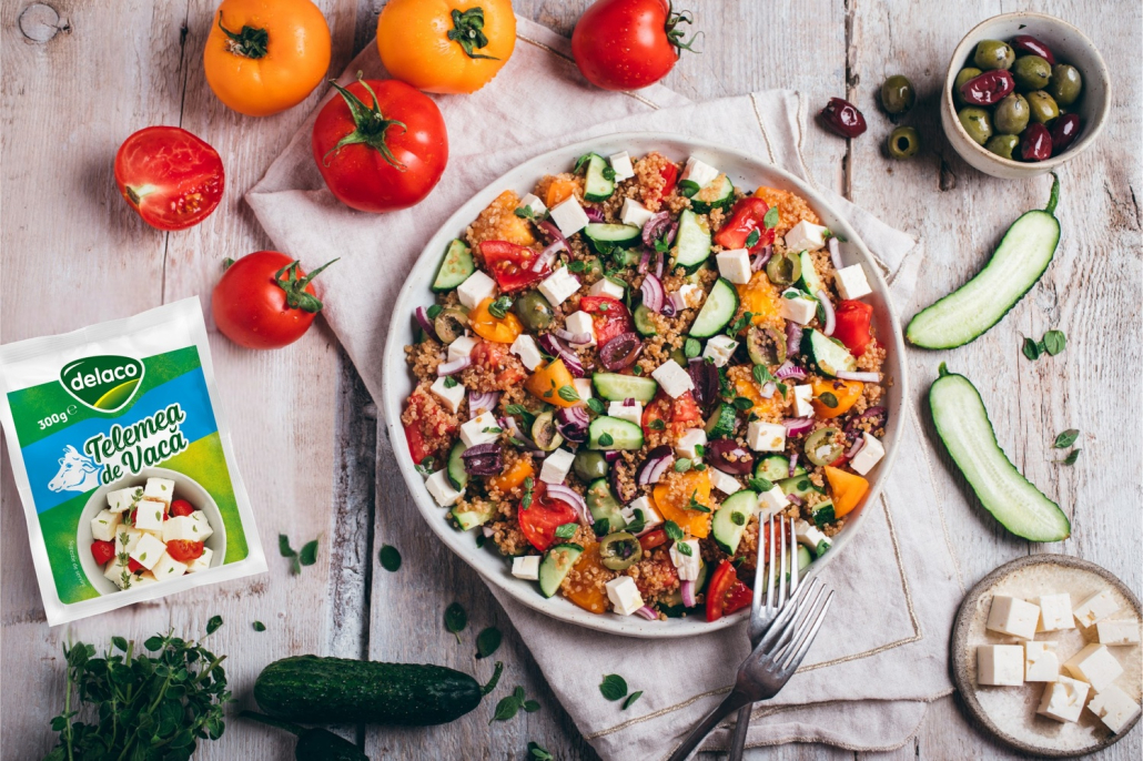 salată de quinoa cu telemea de vacă Delaco, roșii și castraveți