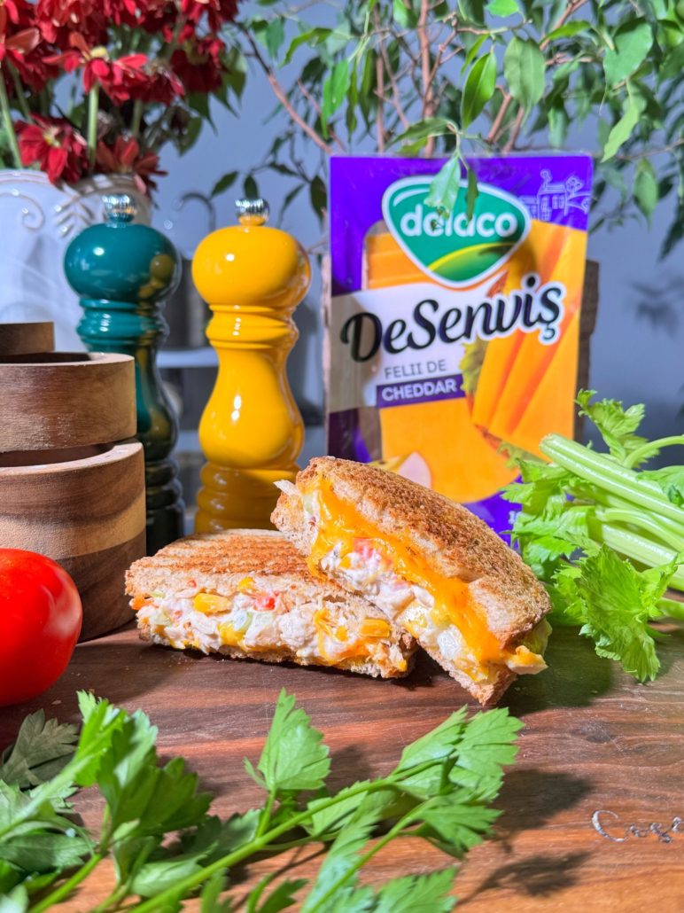 Sandwich cald pentru școală cu cheddar topit și pastă de ton