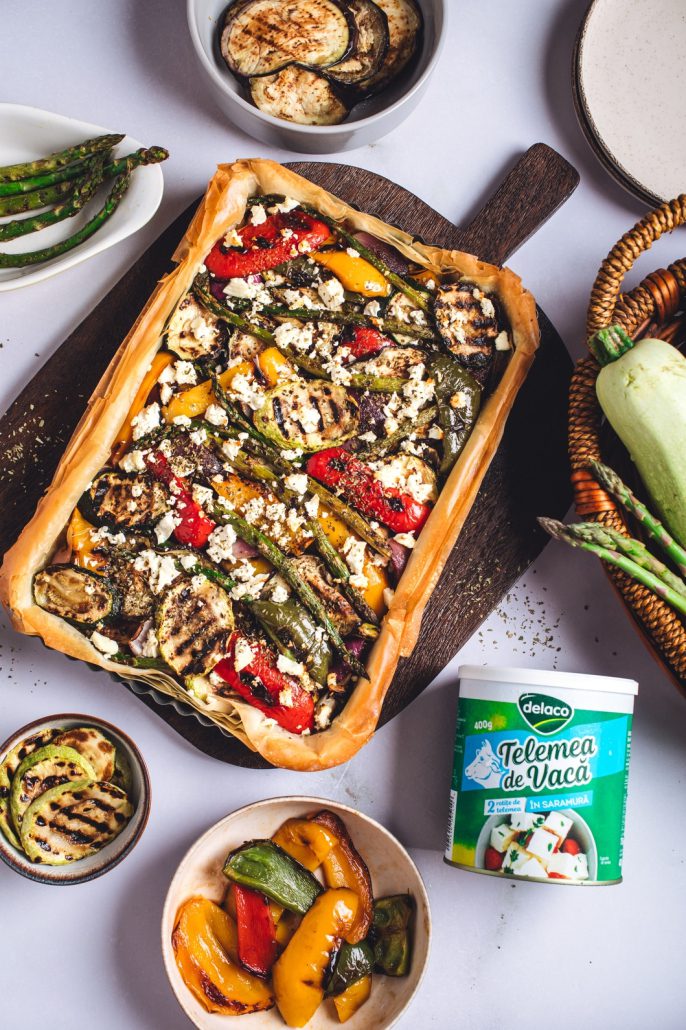 Tartă rapidă cu legume coapte și telemea de vacă Delaco