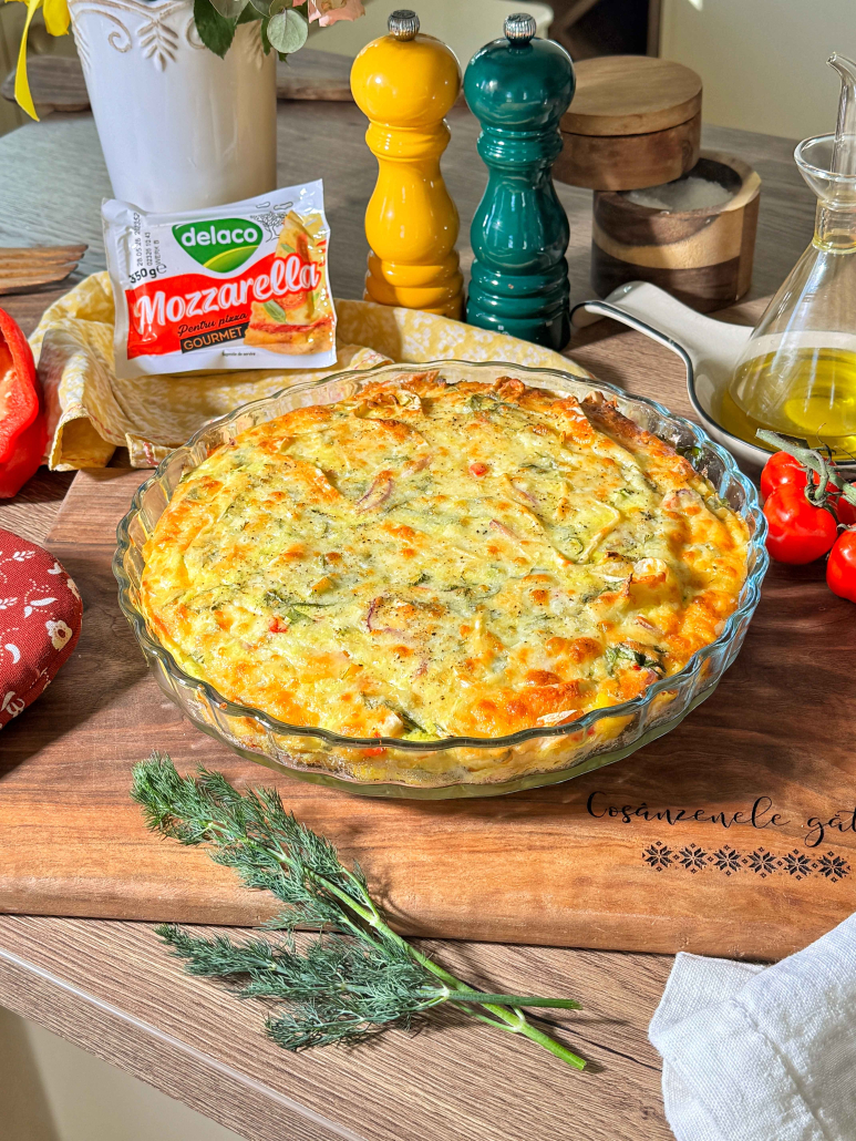 Quiche cu legume colorate, lipii și mozzarella topită la cuptor